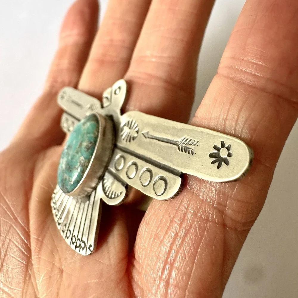 HUGE Navajo Turquoise Thunderbird Ring Sz 8 Stamped Sterling Silver Signed James